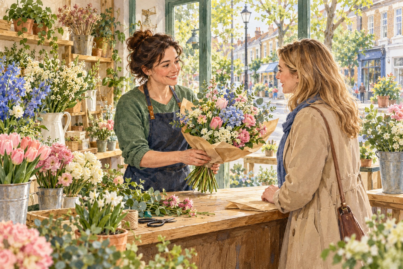 Representative watercolour illustration of an Ealing business owner serving a customer