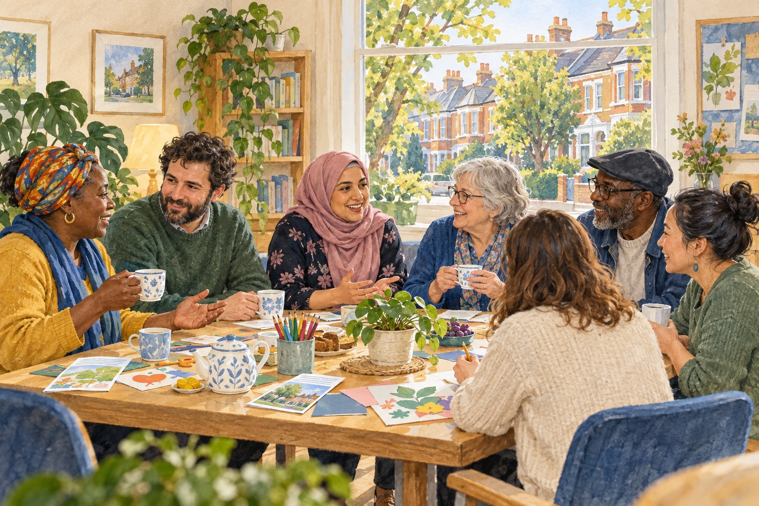 Representative watercolour illustration of Ealing neighbours at a community gathering