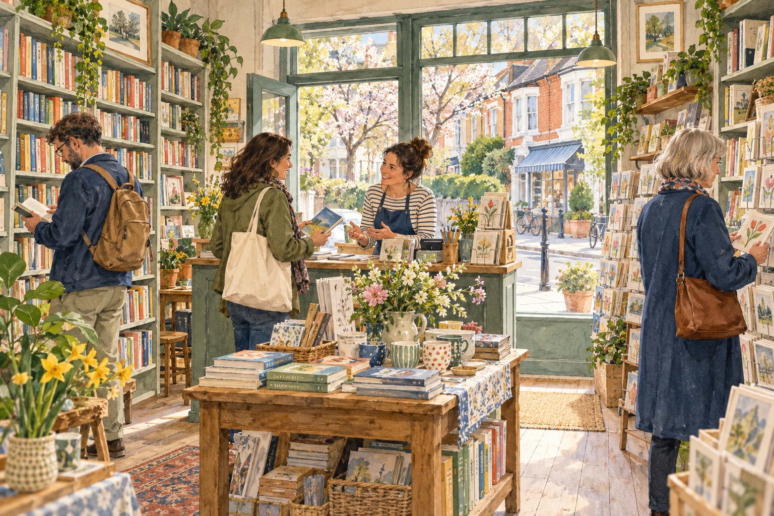 Representative watercolour illustration of browsing in an Ealing neighbourhood shop